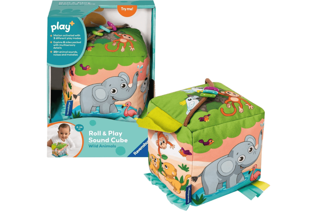 Roll & Play Sound Cube - Wild Animals, Play+, Ravensburger, sensory toys for babies, best gifts for babies, baby shower gifts, The Montessori Room, Toronto, Ontario, Canada. 