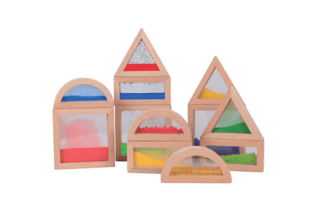 Sensory Blocks, set of 12, Vivaio, light table blocks, transparent blocks, sensory exploration, building toys, The Montessori Room, Toronto, Ontario, Canada. 