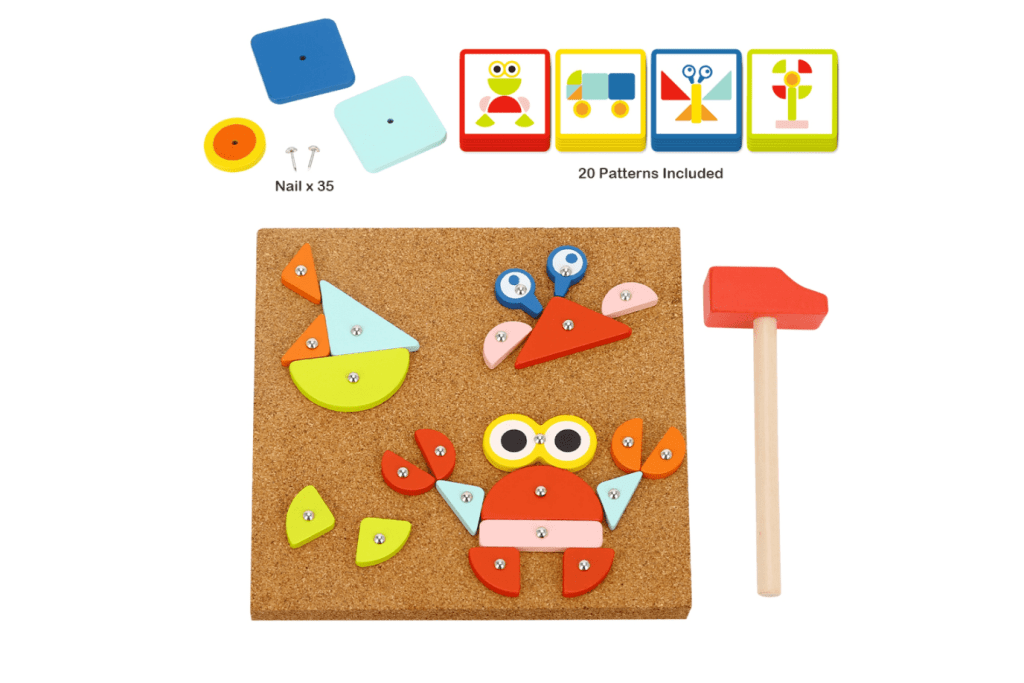 TOOKYLAND Wooden Tap Nailing Game - 82pcs Hammer and Nails Pounding Toy, Ages 4+, Montessori shelf work, The Montessori Room, Toronto, Ontario, Canada. 