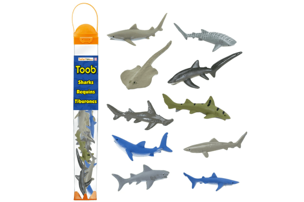 Sharks Toob, Safari LTD, 3 years and up, Montessori language materials, shark figurines, imagination, realistic figurines, Free Nomenclature Cards, The Montessori Room, Toronto, Ontario, Canada. 