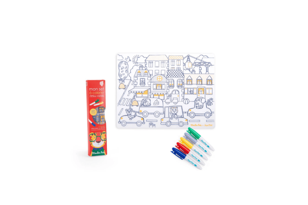 Popipop - Silicone Colouring Set, Moulin Roty, best travel toys, best gifts for 3 year olds, toys for restaurants, toys for on the go, The Montessori Room, Toronto, Ontario, Canada. 
