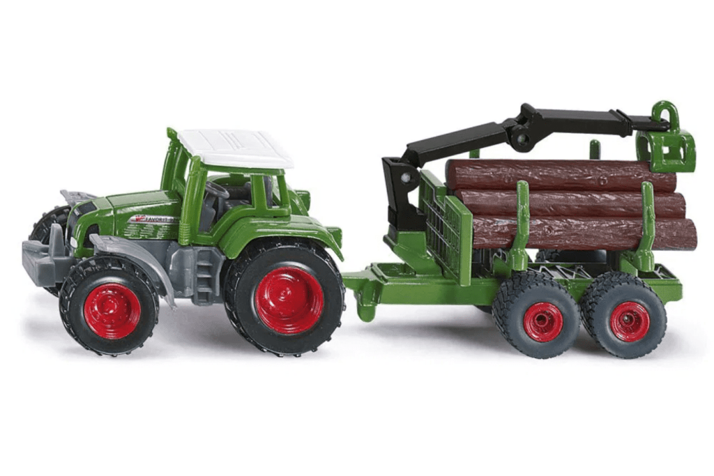 Tractor with forestry trailer, Small Diecast Tractor With Forestry Trailer, Siku, realistic vehicles, Montessori language objects, best gifts for little car lovers, The Montessori Room, Toronto, Ontario, Canada.