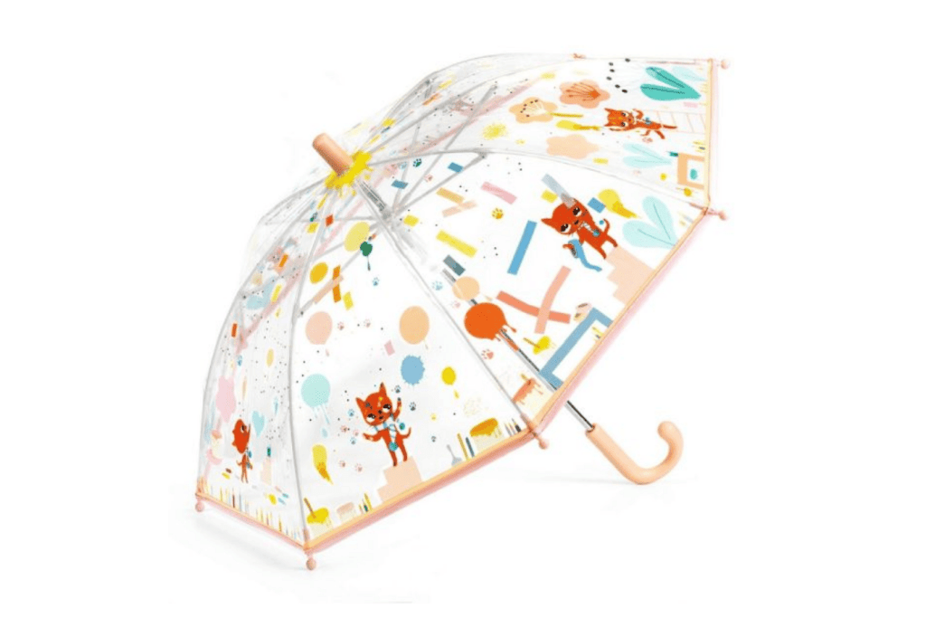 Djeco Transparent children's umbrella with colorful patterns on a white background