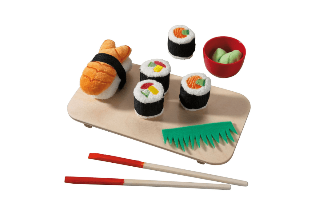 Biofino Sushi Set Soft Play Food, HABA toys, play food, pretend food, pretend sushi set, imaginative play toys, pretend play toys, The Montessori Room, Toronto, Ontario, Canada. 