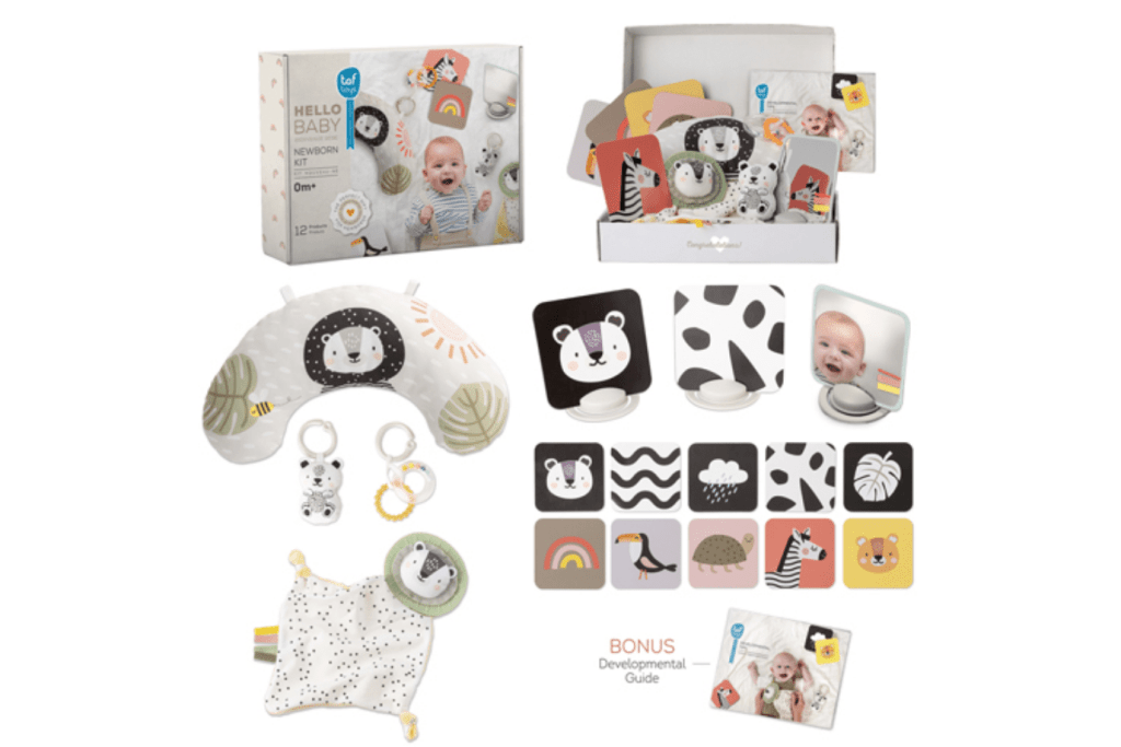 Taf Toys Newborn Develop &amp; Play Kit, black and white books for babies, black and white cards for baby, tummy time pillow, mirror for baby, small safe mirror for infants, tummy time activities for baby, tummy time book for infants, Toronto, Canada