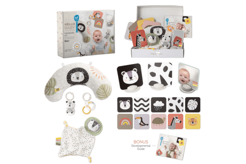 Taf Toys Newborn Develop & Play Kit, black and white books for babies, black and white cards for baby, tummy time pillow, mirror for baby, small safe mirror for infants, tummy time activities for baby, tummy time book for infants, Toronto, Canada