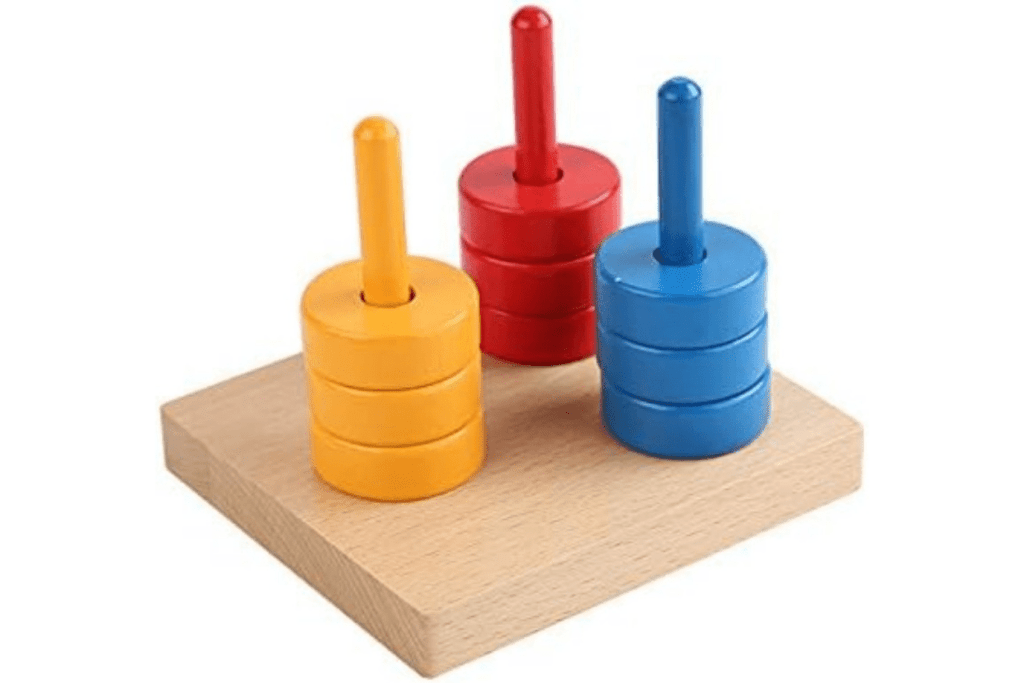 Three Pegs with Small Rings, Montessori materials, Montessori Toddler materials, Montessori Nido materials, Montessori classroom materials, Montessori classroom packages, Montessori developmental aids, The Montessori Room, Toronto, Ontario, Canada. 