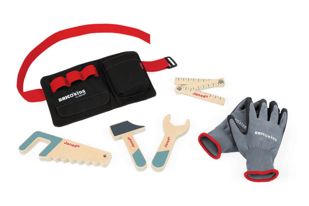 Janod DIY tool belt with wooden tools and gloves, BRICO'KIDS - TOOLBELT & GLOVES, wooden tools for kids, pretend wooden tools, pretend tools for kids, tools for little kids, tool belt for kids, work gloves for kids, handyman set for kids, Toronto, Canada
