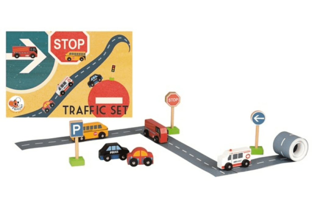 Traffic Set, Egmont Toys, wooden vehicles, wooden road signs, 3 years and up, best gifts for little car lovers, travel toys, The Montessori Room, Toronto, Ontario, Canada. 