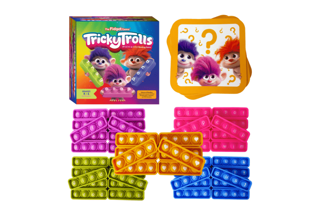 Tricky Trolls game by The Fidget Company, fidget company toronto, fidget company games canada, tricky trolls game canada, tricky trolls game toronto, teach cvcc words, teach ccvc words, fun reading games, simple reading activities, make reading fun