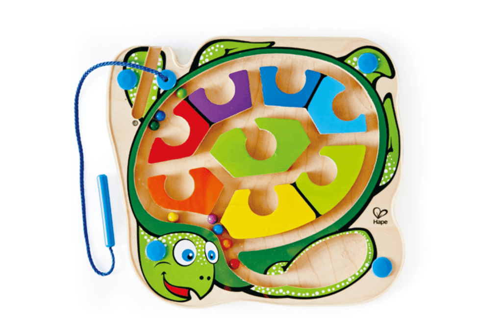 COLORBACK SEA TURTLE – HAPE, Magnetic Labyrinth/Maze, magnetic stylus, marble maze, pre-writing activity, fine motor skills, spatial awareness, enrich vocabulary, 2 years and up, travel toys, The Montessori Room, Toronto, Ontario, Canada.