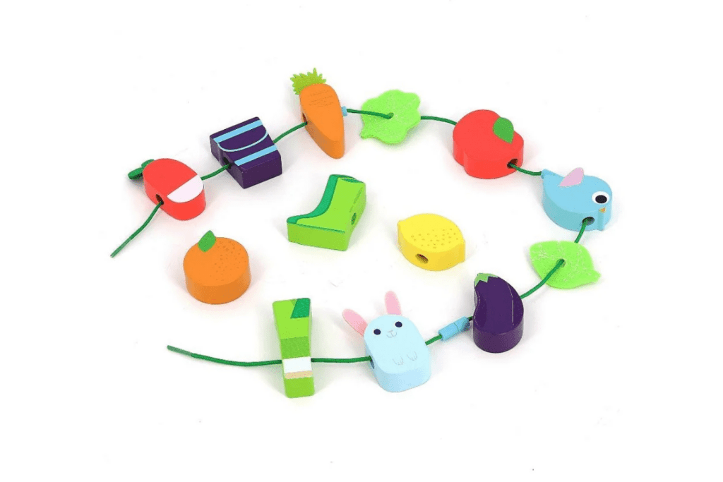 Threading Activity - Vegetable Garden Bead Set - The Montessori Room, Vilac, Toronto, Ontario, Canada, threading activities, wooden beads, toddler threading, toddler beading, shelf work, Montessori toys, Montessori materials