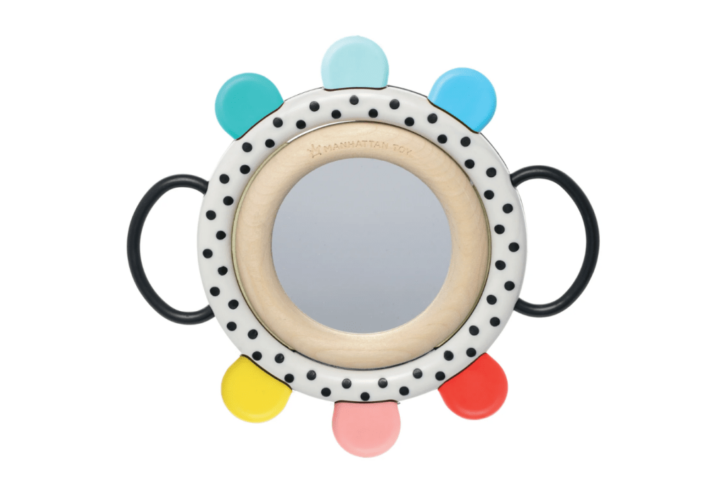 Manhattan Toy Wimmer Grasp & See Mirror, baby mirror, baby-safe mirror, infant mirror, tummy time toys, black and white baby toys, Toronto, Canada
