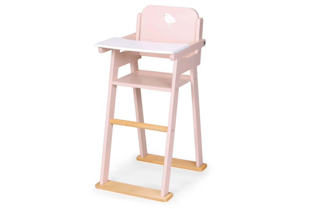 Wooden Doll High Chair, Mentari, baby doll accessories, high chair for dolls, wooden high chair for dolls, pretend play, empathy, social-emotional skills, The Montessori Room, Toronto, Ontario, Canada. 