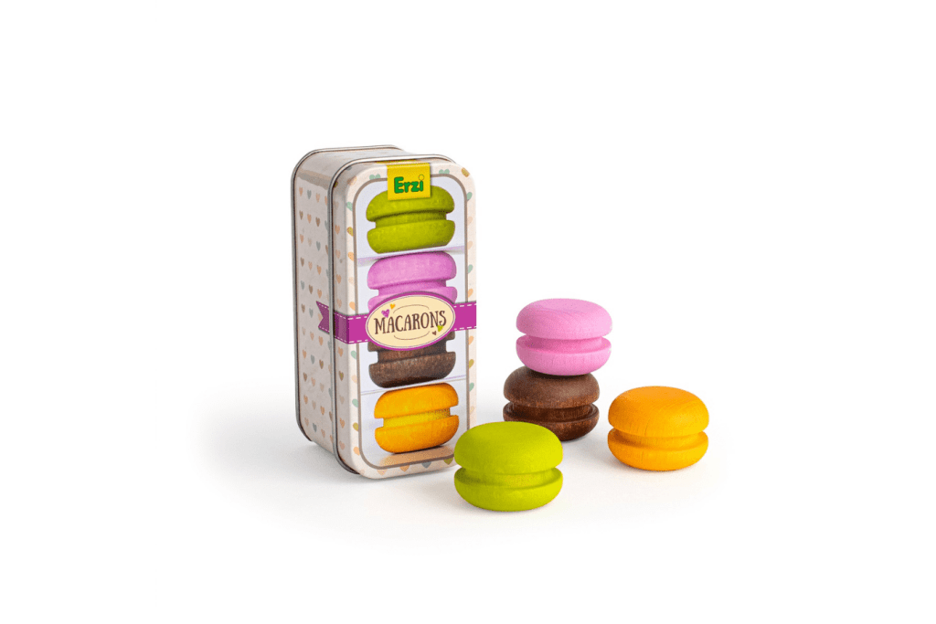 Pretend Wooden Macarons, Baked Macarons In A Tin By Erzi, pretend wooden desserts, pretend wooden food, wooden food for play kitchens, Toronto, Canada