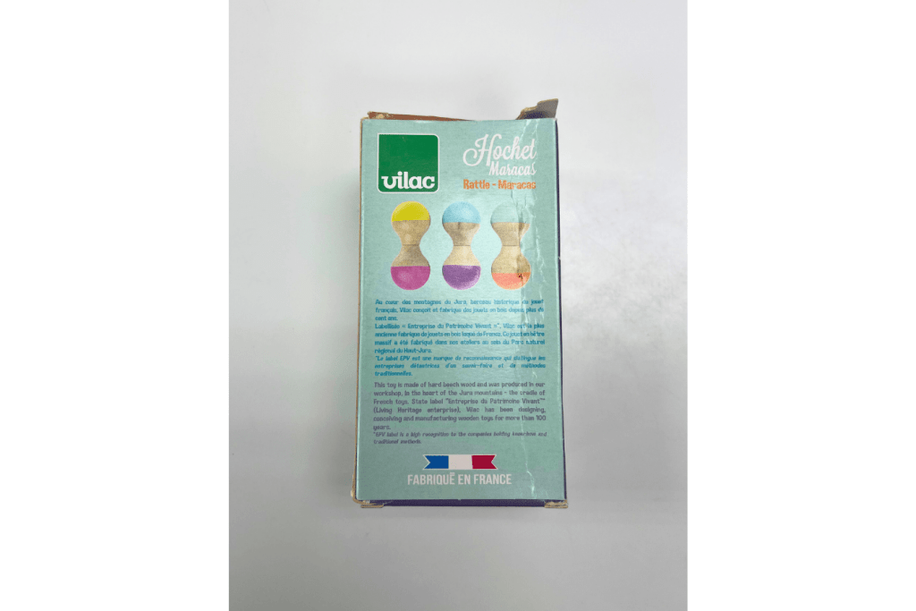 Wooden Maraca Rattle by Vilac (Mint Green & Orange) - Damaged Box - FINAL SALE