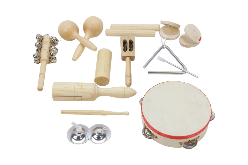 Wooden Musical Instruments Set - The Montessori Room, Playwell Canada, Toronto, Ontario, Canada, musical instruments set, toddler instruments, children's instruments, tambourine, percussion sticks, triangle, bell stick, first instrument set