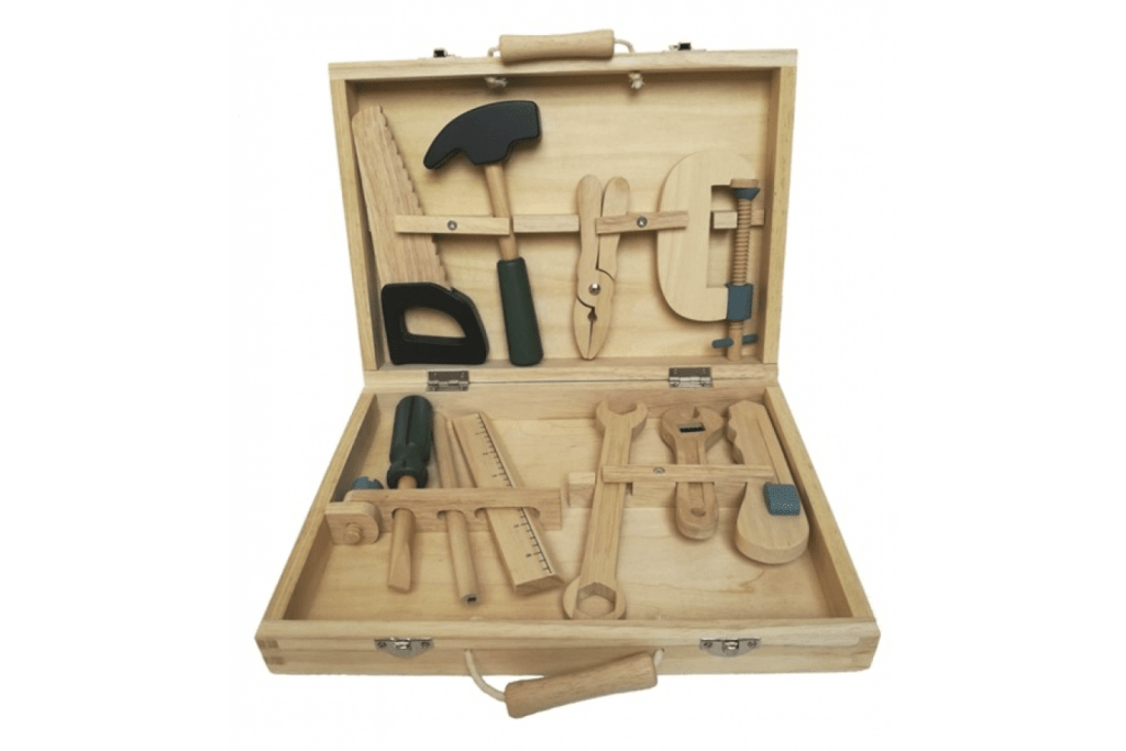 Wooden Tool Box and Tools, Egmont Toys, 3 years and up, 10 wooden tools included, pretend play, construction pretend play, imagination, high quality wooden toys, The Montessori Room, Toronto, Ontario, Canada. 