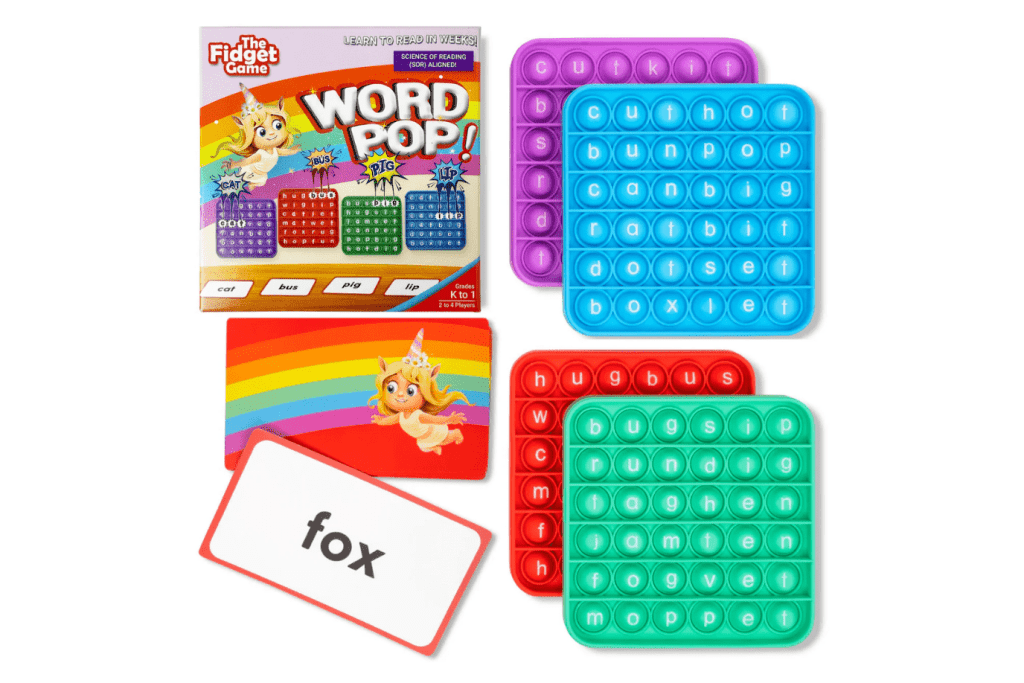 Word Pop by The Fidget Company, fidget company word games, teach CVC words, teach kids to read, reading games, grade 1 reading games, grade 2 reading games, teach 5 year old to read, practice reading games, Word Pop game toronto, Word Pop game canada