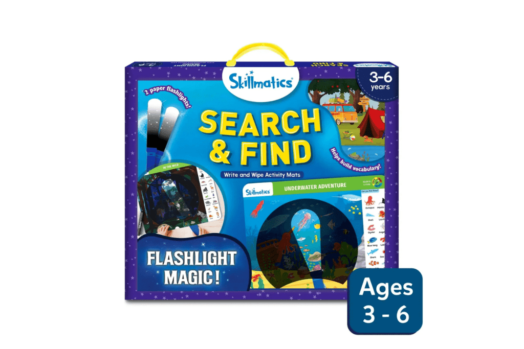 Write & Wipe - Search and Find Flashlight Magic, Skillmatics, best travel toys for ages 3 to 6, unique gifts for preschoolers, activity kits for ages 3 to 6, The Montessori Room, Toronto, Ontario, Canada. 
