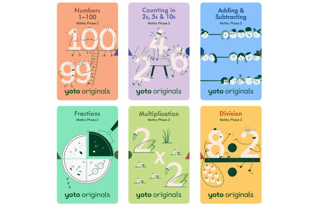 Yoto Card Pack: Math Phase 2 (6 Cards), Yoto Play, Yoto Players, Yoto cards in store, Yoto cards Toronto, Numbers to 100, Counting in 2s, 5s and 10s, Adding and subtracting, Fractions, Multiplication, Division, The Montessori Room, Toronto, Ontario, Canada. 