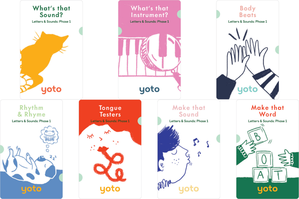 Yoto Card: Phonics: Letters &amp; Sounds: Phase 1 (7 Cards), Yoto player, Yoto play, Yoto mini, yoto cards for 3 year olds, yoto cards for 4 year old, yoto cards for 5 year old, yoto cards that teach phonics, yoto cards that teach letters, educational yoto cards, yoto cards in Toronto, yoto cards in store, yoto cards in GTA, The Montessori Room, Toronto, Ontario, Canada. 