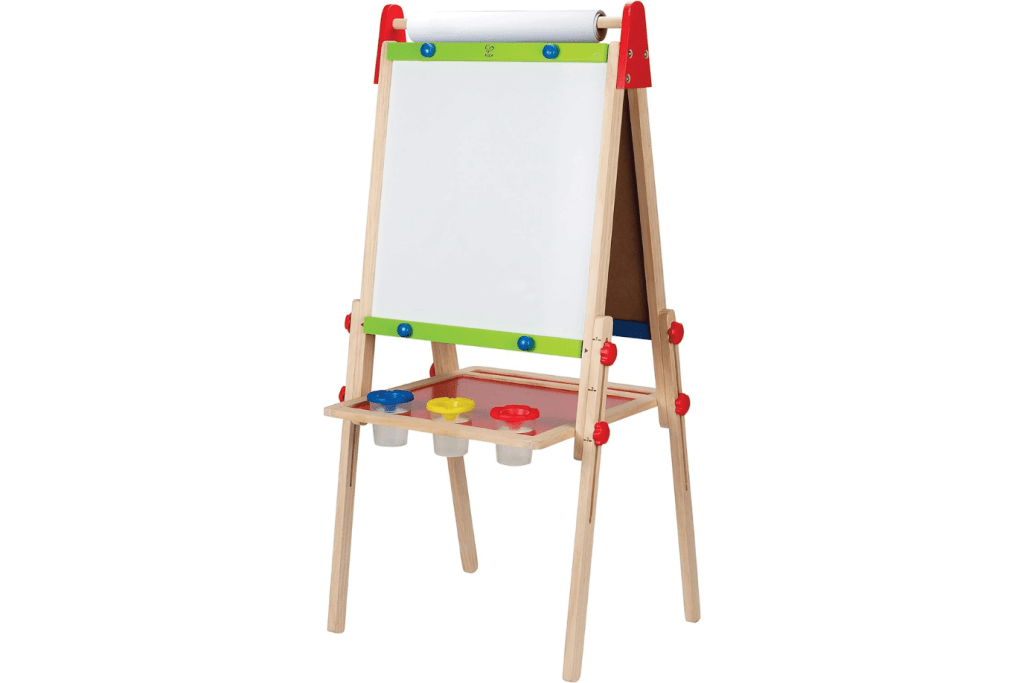 All-in-1 Easel by Hape,  Hape All-In-One Wooden Kid's Art Easel With Paper Roll And Accessories, adjustable height, 3 years and up, magnetic whiteboard, chalkboard, paper roll, paint pots, art materials for kids, award-winning easel, best gift, The Montessori Room, Toronto, Ontario, Canada. 