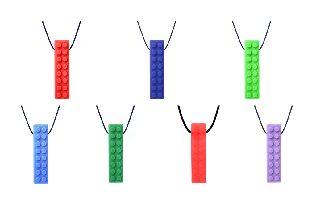 ARK's Brick Stick® Textured Chew Necklace, various colours and toughness levels, oral fidget, self-regulation tools, oral motor therapy tools, Chewlery, 5 years and up, The Montessori Room, Toronto, Ontario, Canada. 