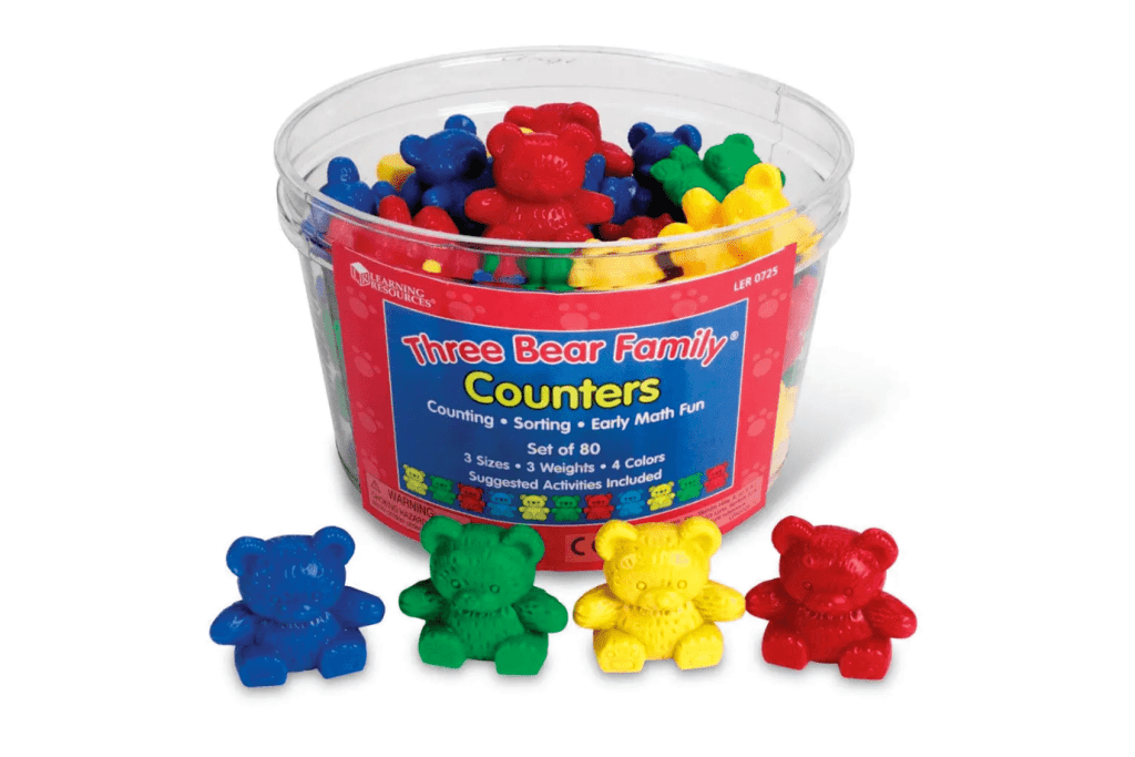 THREE BEAR FAMILY COUNTERS(80PCS) – LEARNING RESOURCES, counting bears, earning Resources Baby Bear Counters, Homeschool Color Recognition, Math Skills, 102 Pieces, Assorted Colors, Ages 3+, colour matching, counting activities, counters, math activities for toddlers, math activities for preschoolers, math activities for kindergarteners, Toronto, Canada