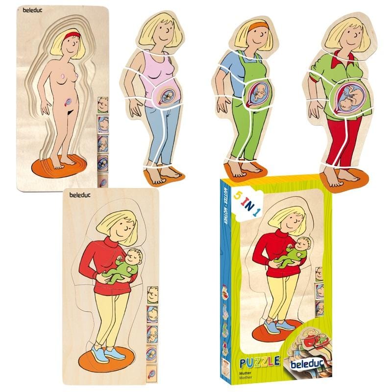 Beleduc Mother Layer Puzzle - The Montessori Room, Toronto, Ontario, Canada, 5 in 1 puzzles, wooden puzzles, puzzles for kids, children's puzzles, wooden puzzles, puzzles that teach about pregnancy, preparing chlid for new sibling, teaches how the baby grows inside mother's belly, layered puzzles, Beleduc, best quality puzzles for kids