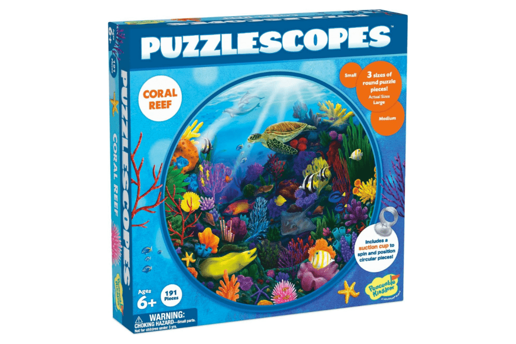 Peaceable Kingdom Puzzlescopes: Coral Reef – 191-Pc. Puzzle for Kids Ages 6 & Up – Included Suction Cup to Spin and Position Circular Pieces – Great for Home or Classrooms, best puzzles for 6 year old, best puzzles for 7 year old, underwater puzzle, coral reef puzzle, fish puzzle, Toronto, Canada