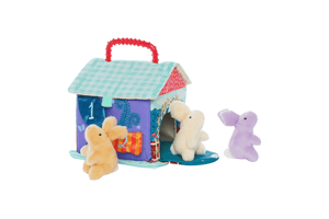 Cottontail Cottage Bunny Hutch Playset, 9 months and up, Manhattan Toy, 3 plush bunny rattles, put and peek hutch, fill and spill, easy open roof, best toys for an infant, baby registry ideas, sensory play, fine motor skills, The Montessori Room, Toronto, Ontario, Canada. 