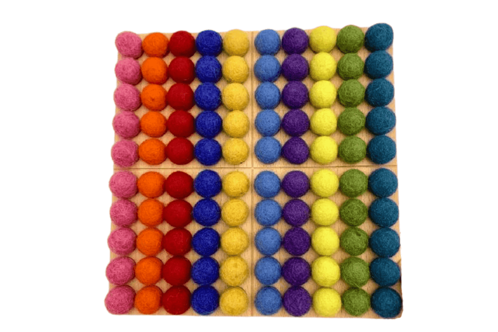 Hundreds Board with Bright Felt Balls (2cm diameter) - The Montessori Room, Toronto, Ontario, Canada, Papoose, felt balls, math toys, math activities, tools that help teach children math, math manipulatives, Montessori materials, Montessori tools, Montessori shelf work, educational tools, educational toys, sensory toys