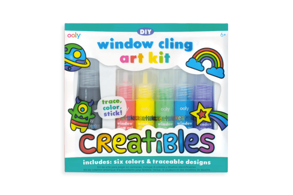 Creatibles D.I.Y. Window Cling Art Kit by Ooly, 6 years and up, 5 bottles of Brightly Coloured Paint Gel, 1 Bottle of Black paint Gel (a bigger bottle because this is used for your outlines), 2 Reusable Backing Films (you can use over & over again), 1 Glue Stick, 1 Extra bottle tip, 14 traceable design templates, art supplies for kids, best art supplies for kids, gifts for children who love art and creativity, The Montessori Room, Toronto, Ontario, Canada. 