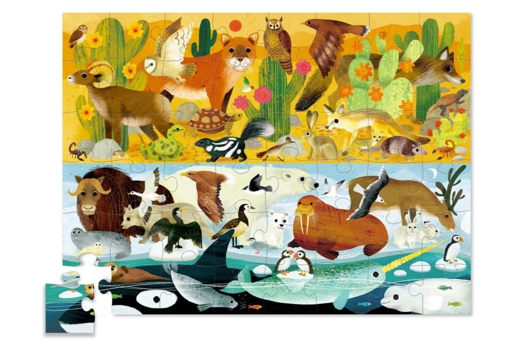 Crocodile Creek Hot & Cold Habitats Puzzle, 48 pieces, Ages 4 to 6, best jigsaw puzzles for kids, opposites in Animal Kingdom, great for fine motor skills, hand-eye coordination and problem-solving skills, fun and educational, The Montessori Room, Toronto, Ontario, Canada. 