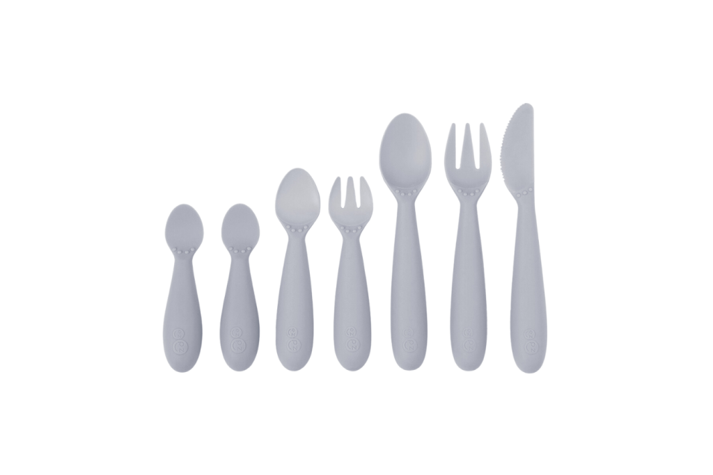Developmental Utensil Set, ezpz, silicone utensils, utensils for infants and toddlers, Pewter, The Montessori Room, Toronto, Ontario, Canada.