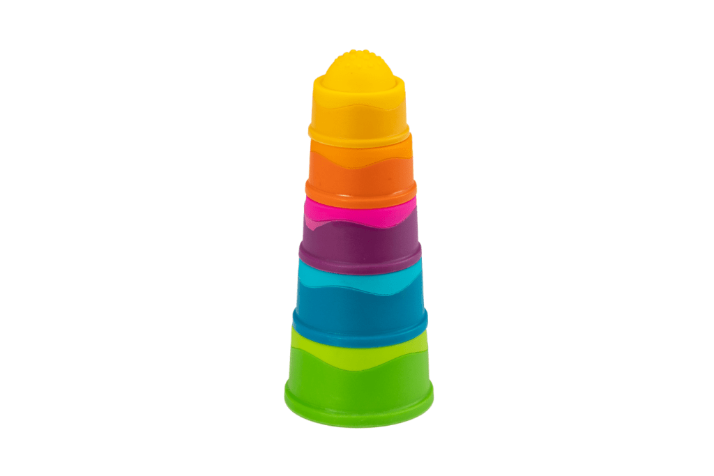 Dimpl Stack by Fat Brain Toys, 6 months and up, Includes 5 Dimpl stacking cups in vibrant colours, Bubbles made of 100% food-grade silicone, Bases made of high-quality nylon-plastic, designed to be durable, BPA-Free - Fully safety tested, best gifts for infants, best gifts for 1 year old, stacking toy, nesting toy, The Montessori Room, Toronto, Ontario, Canada.