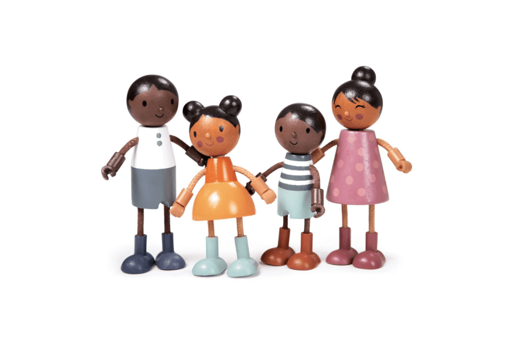 Humming Bird Doll Family by Tender Leaf Toys, doll house accessories, 3 years and up, wooden dolls, flexible arms, mom, dad, brother and sister, imaginative play, multicultural family, dark skin tones, The Montessori Room, Toronto, Ontario, Canada.
