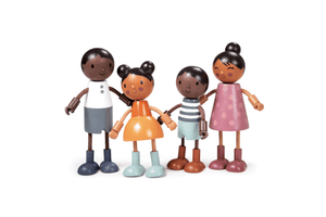 Humming Bird Doll Family by Tender Leaf Toys, doll house accessories, 3 years and up, wooden dolls, flexible arms, mom, dad, brother and sister, imaginative play, multicultural family, dark skin tones, The Montessori Room, Toronto, Ontario, Canada.