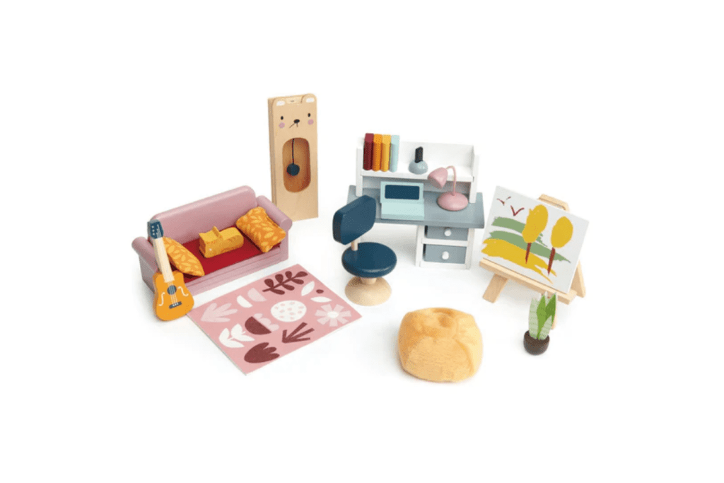 Dolls House Study Furniture by Tender Leaf Toys, wooden doll house accessories, 3 years and up, ncludes 27 pieces - a stylish swivel office chair, desk, mobile phone holder, a laptop computer, an anglepoise lamp, 4 books, pull-out sofa with mattress and 2 printed pillows, guitar, cat, bean bag, wooden easel with landscape painting, pot plant, pretty printed rug, and a sweet bear standard clock, best wooden doll house accessories, imaginary play, The Montessori Room, Toronto, Ontario, Canada. 