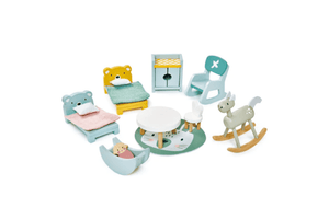 Dovetail Children's Room Set by Tender Leaf Toys, wooden doll house accessories, 3 years and up, Includes 14 pieces - changing table, 2 infant beds with linens, cot, rocking horse, printed rug, rocking chair, baby, round table and a small chair, best wooden doll house accessories, imaginary play, The Montessori Room, Toronto, Ontario, Canada. 