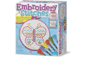 Embroidery Stitching Kit by 4M, 8 years and up,  enough materials to make 14cm x 14cm pillow or bag, easy to follow instructions, Includes 1 embroidery hoop, 6 spools of colored embroidery floss, 3 sheets of embroidery canvas, 2 outline templates, 2 plastic needles, and Pillow stuffing, practical life skills, The Montessori Room, Toronto, Ontario, Canada. 
