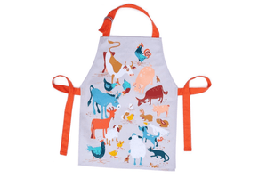Farm Apron, aprons for kids, aprons for toddlers, aprons for preschoolers, apron for practical life activities, apron for baking, farm animals, cow, donkey, sheep, rabbit, pig, cat, The Montessori Room, Toronto, Ontario.