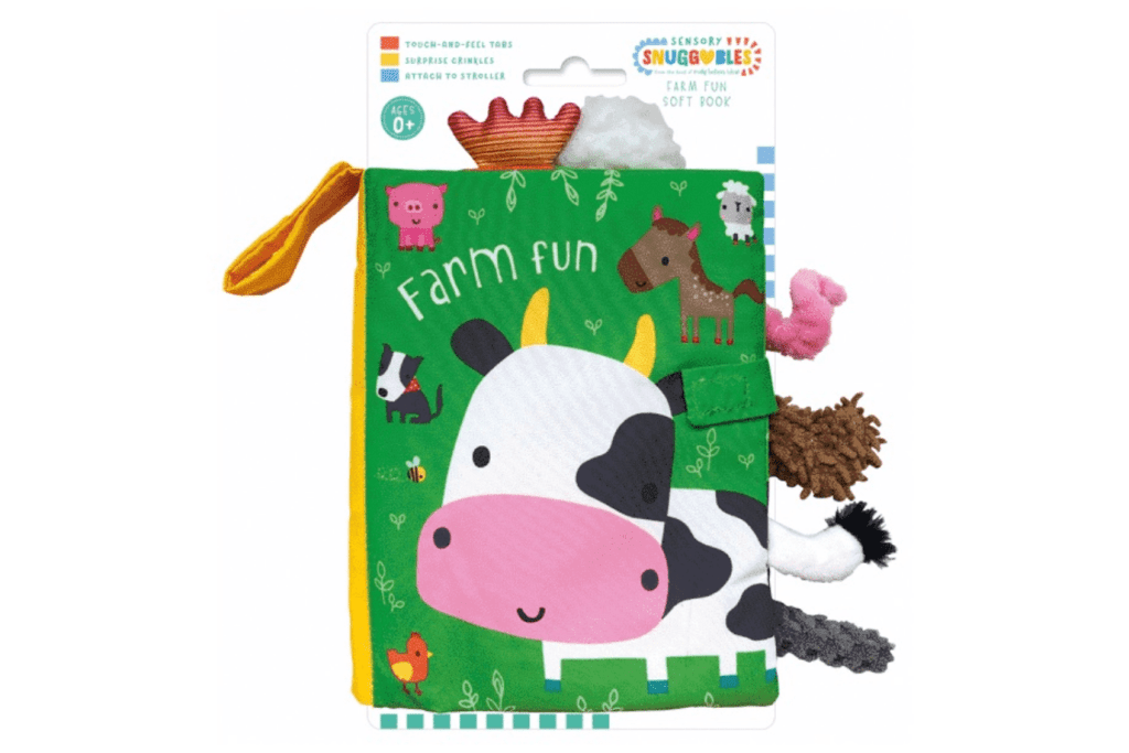 Farm Fun - Cloth Book, 8 pages, book for newborns, farm animals, book for infants, soft book, touch-and-feel tabs, crinkle pages, attach to stroller or car seat, snuggables, The Montessori Room, Toronto, Ontario, Canada. 