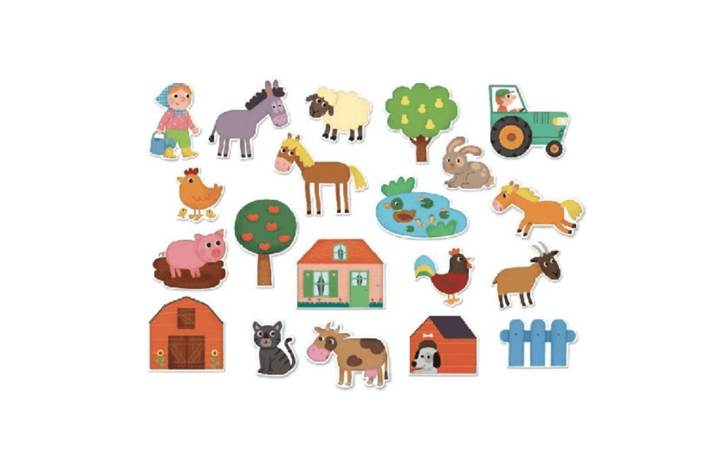 Farm Magnets by Vilac, 20 wooden farm-themed magnets, 2 years and up, great for fine motor skills, hand-eye coordination, language development, The Montessori Room, Toronto, Ontario, Canada. 