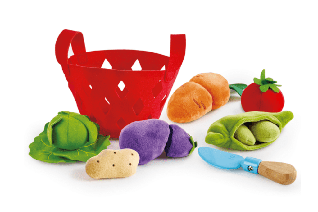 TODDLER VEGETABLE BASKET – HAPE, pretend food for kids, play food for kids, pretend felt food for kids, felt food for play kitchen, vegetable pretend food that you can cut, Toronto, Canada