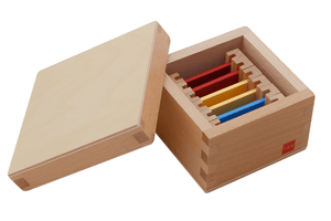 First Box of Colour Tablets, Montessori sensorial material, Montessori colour tablets, Montessori Casa classroom material, Montessori Primary classroom material, develop the chromatic sense, introduction to primary colours, AMI approved, GAM, The Montessori Room, Toronto, Ontario. 