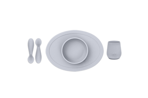 First Foods Set, ezpz, tiny cup, tiny spoons and tiny bowl, silicone table ware, utensils and table ware for infants and toddlers, Pewter, The Montessori Room, Toronto, Ontario, Canada. 