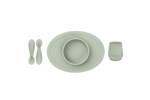 First Foods Set, ezpz, tiny cup, tiny spoons and tiny bowl, silicone table ware, utensils and table ware for infants and toddlers, Sage, The Montessori Room, Toronto, Ontario, Canada.