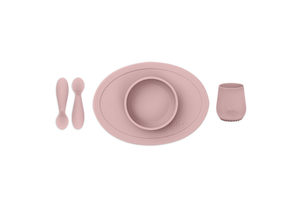 First Foods Set, ezpz, tiny cup, tiny spoons and tiny bowl, silicone table ware, utensils and table ware for infants and toddlers, Blush, The Montessori Room, Toronto, Ontario, Canada.